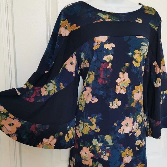 NINA Leonard navy blue floral Jersey top with flare sleeves size L - Picture 5 of 11